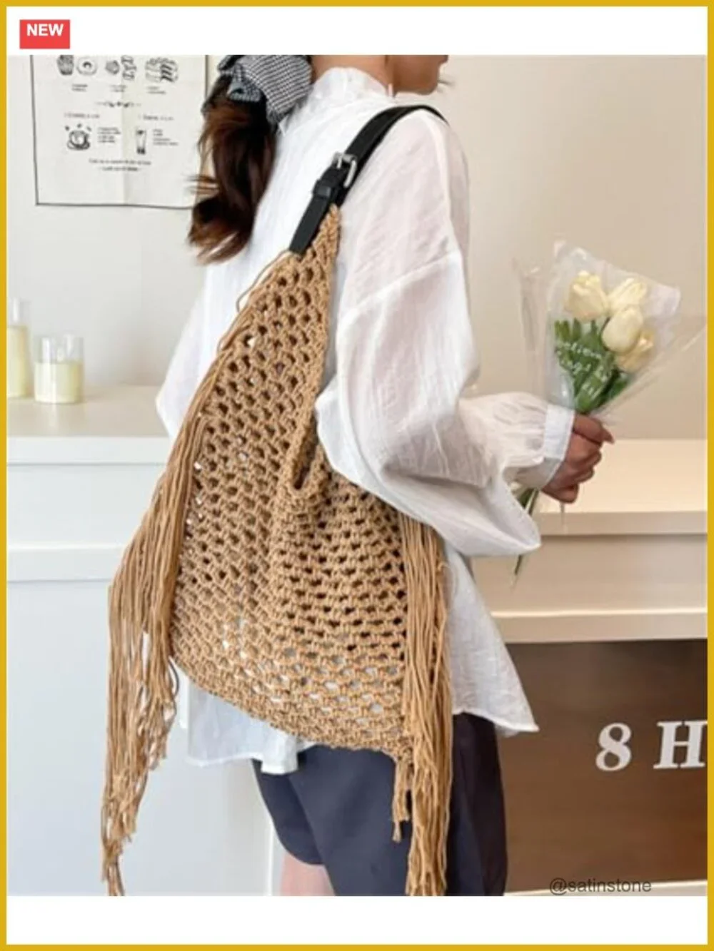 Crochet Fringe Hollow Woven Hobo Shoulder Bag Tote